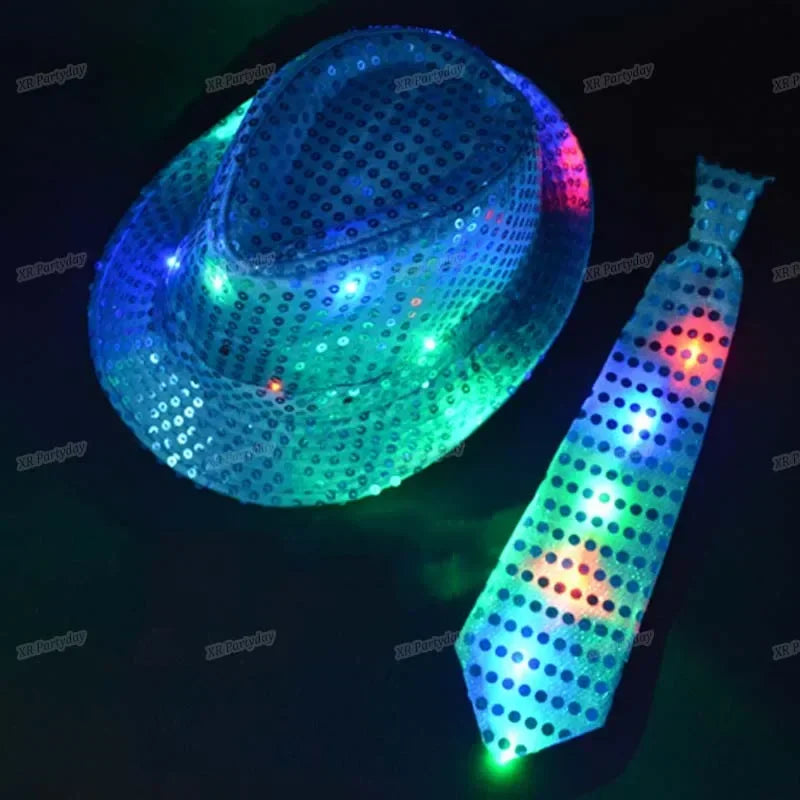 Kids Adult LED Light Up Tie Sequin Jazz Fedora Hat Flashing Neon Glow Party Gift Costume Cap Birthday  Favors Wedding Festival
