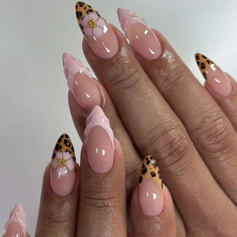 24 pieces of almond-shaped pressing nails, 3D gel flower leopard print French manicure, Y2K style