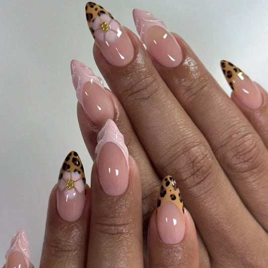 24 pieces of almond-shaped pressing nails, 3D gel flower leopard print French manicure, Y2K style