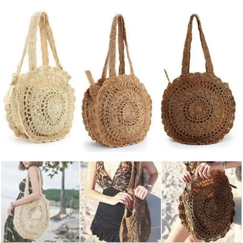 Round Straw Woven Tote Bag Handmade Hollow Design Big Capacity For Summer Beaches