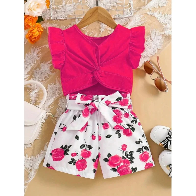 Kids Clothing Set Summer Casual Ruffle Edge Sleeveless Bow Solid Color Top with Printed Pattern Shorts And Belt