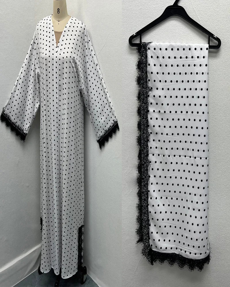 Eid Abaya Women Dresses Dot Print Cardigan Robe Jalabiya Lace Patchwork Ramadan Morocco Dubai Muslim Kaftan Islam Vestidos