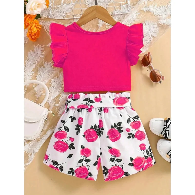 Kids Clothing Set Summer Casual Ruffle Edge Sleeveless Bow Solid Color Top with Printed Pattern Shorts And Belt