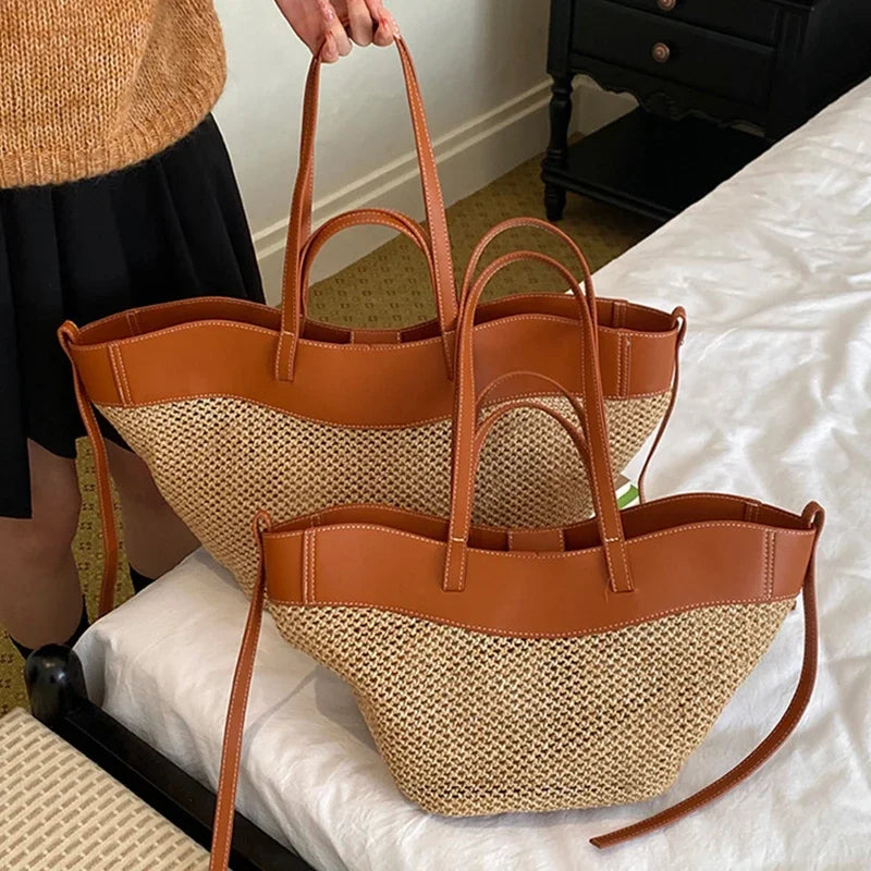 Handmade Straw Woven Tote Bag Summer Beach Large Capacity Shoulder Crossbody Purse Vacation Rattan Handbag French Elegance Bag
