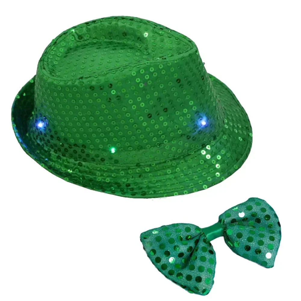 Kids Adult LED Light Up Tie Sequin Jazz Fedora Hat Flashing Neon Glow Party Gift Costume Cap Birthday  Favors Wedding Festival