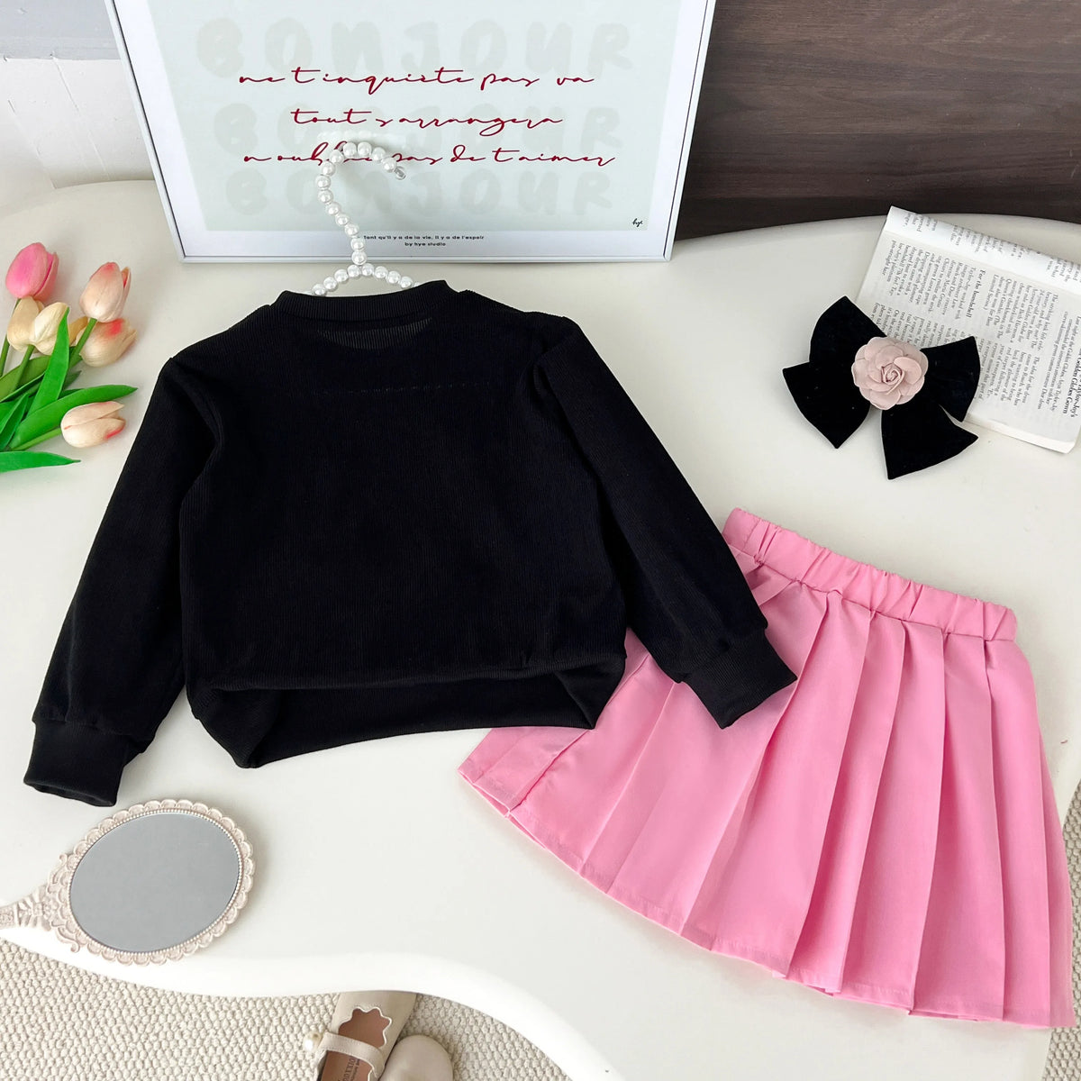 Kids Clothing Sets New  Autumn Bow Long Sleeve Black Sweatshirt Pink Pleated Skirt 2-Piece Girl Clothing Suits