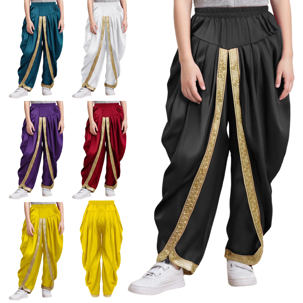 Girls Boys Satin Dhoti Pants Indian Dance Pants Elastic Waist Draped Baggy Trousers for Halloween Party Fancy Dress Ball Clothes