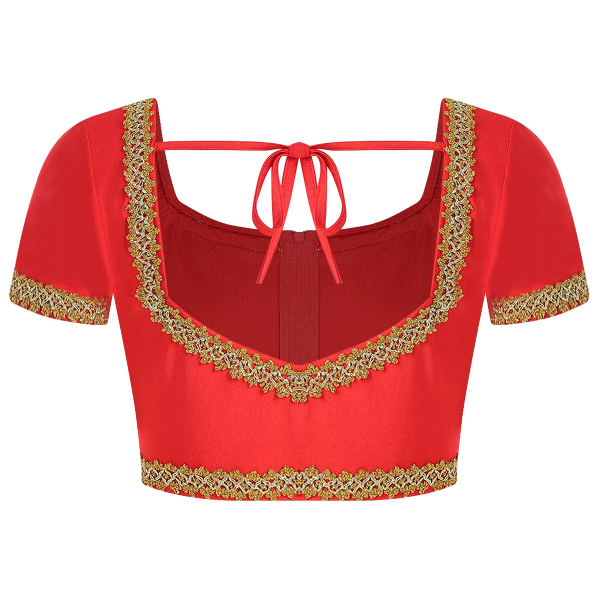 Women Oriental Indian Belly Dance Performance Costume Short Sleeve Front Zipper Crop Top Lace-up Back Bow Tie Gold Trim Tops