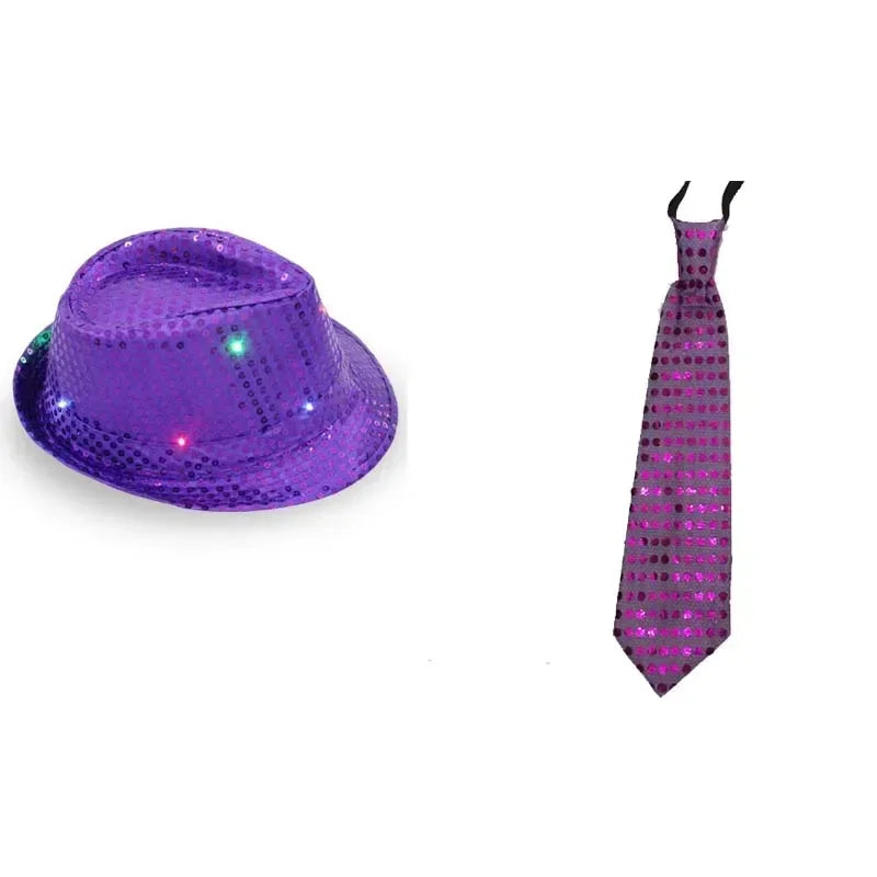 Kids Adult LED Light Up Tie Sequin Jazz Fedora Hat Flashing Neon Glow Party Gift Costume Cap Birthday  Favors Wedding Festival