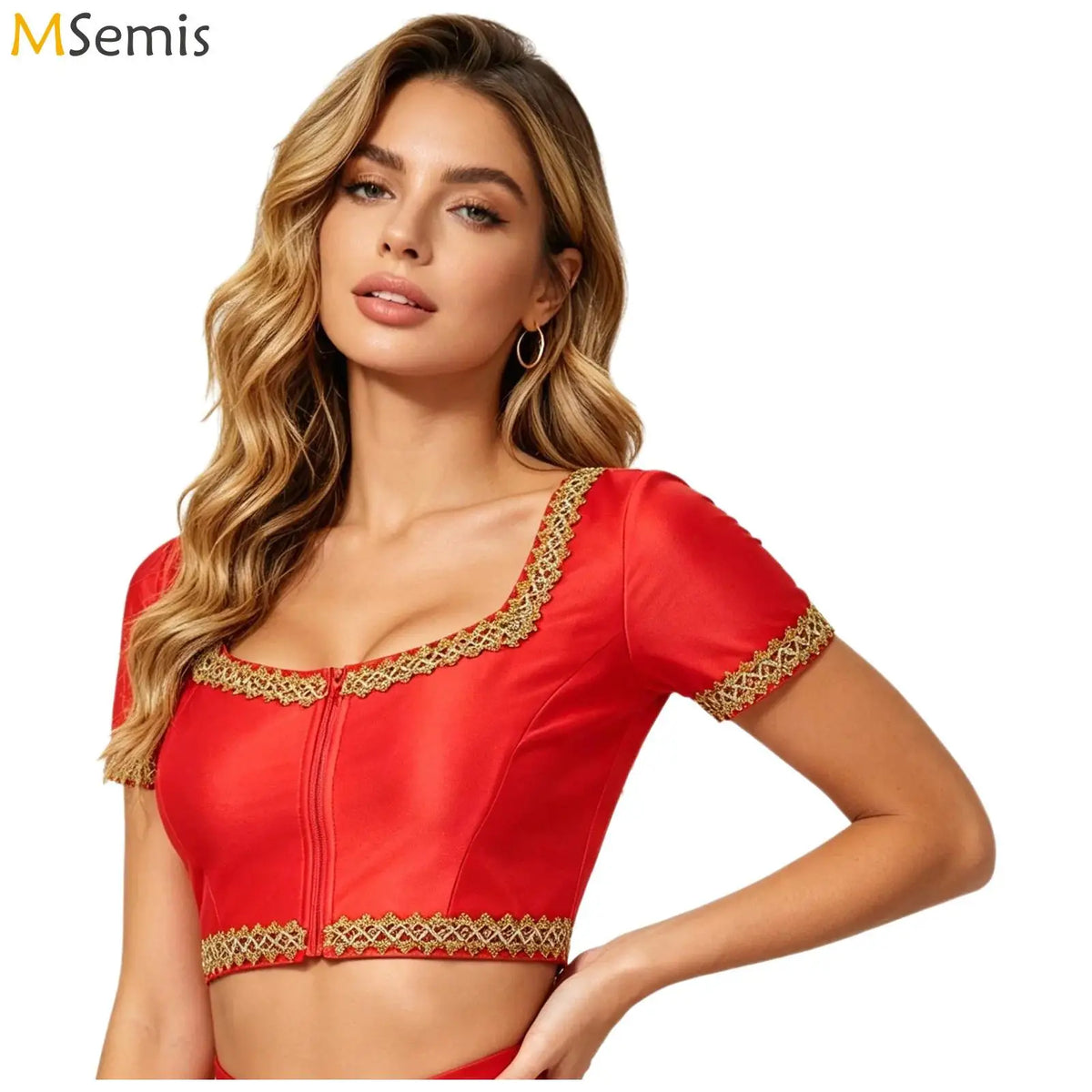 Women Oriental Indian Belly Dance Performance Costume Short Sleeve Front Zipper Crop Top Lace-up Back Bow Tie Gold Trim Tops