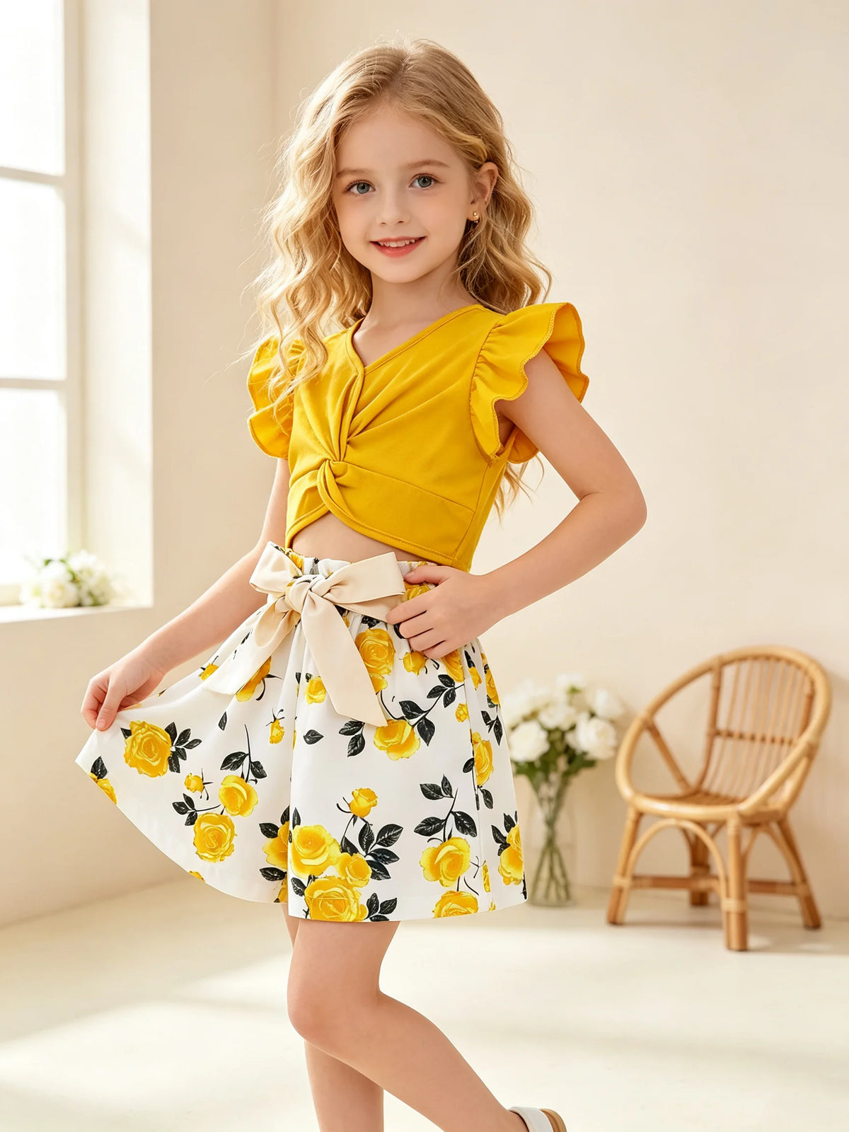 Kids Clothing Set Summer Casual Ruffle Edge Sleeveless Bow Solid Color Top with Printed Pattern Shorts And Belt