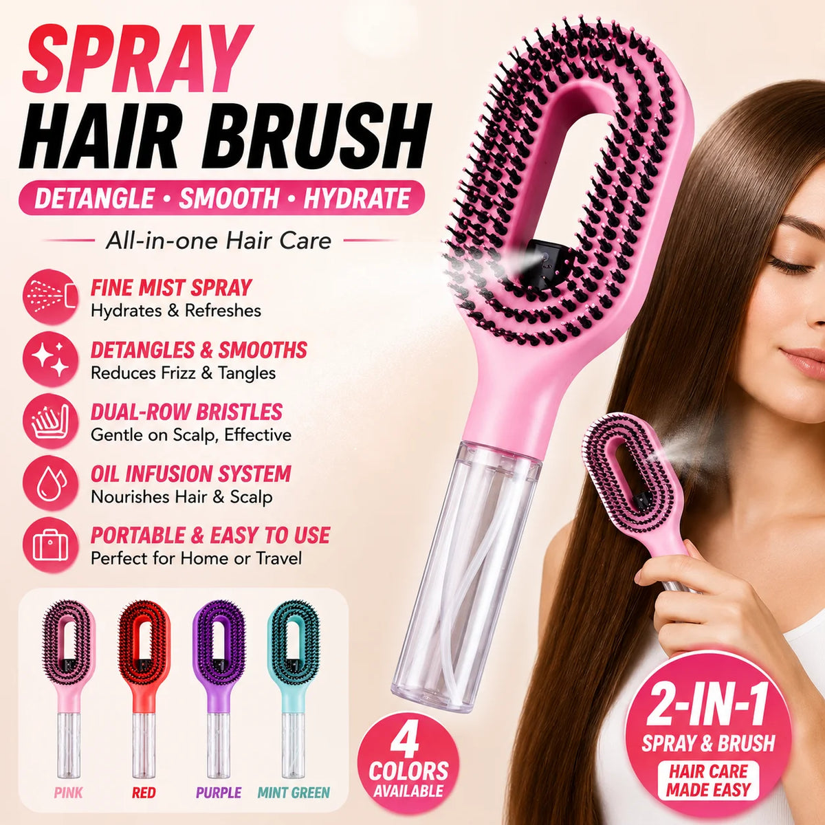 Essential Oil Hair Spray Comb Hydrating Detangling Styling Brush Travel Friendly Lightweight Hair Care Tool for Smooth Shiny Hai