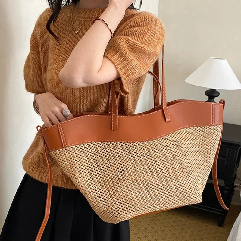 Handmade Straw Woven Tote Bag Summer Beach Large Capacity Shoulder Crossbody Purse Vacation Rattan Handbag French Elegance Bag
