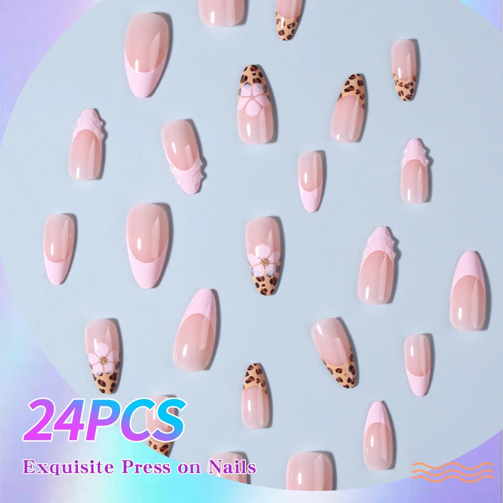 24 pieces of almond-shaped pressing nails, 3D gel flower leopard print French manicure, Y2K style