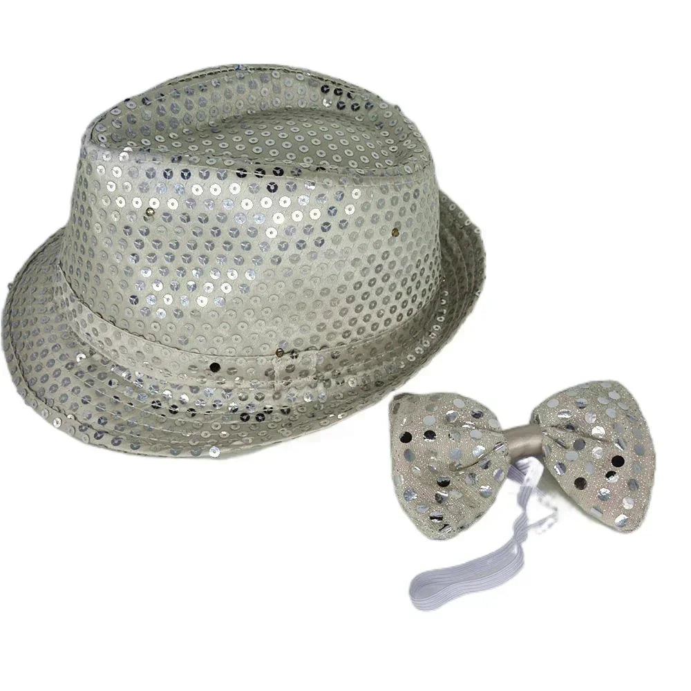 Kids Adult LED Light Up Tie Sequin Jazz Fedora Hat Flashing Neon Glow Party Gift Costume Cap Birthday  Favors Wedding Festival