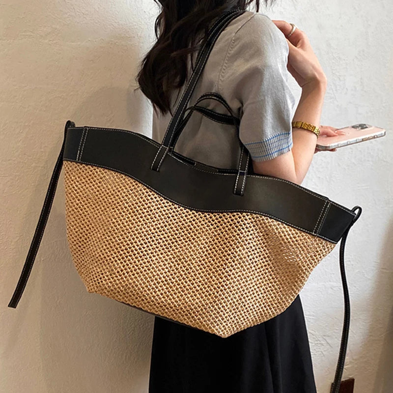 Handmade Straw Woven Tote Bag Summer Beach Large Capacity Shoulder Crossbody Purse Vacation Rattan Handbag French Elegance Bag