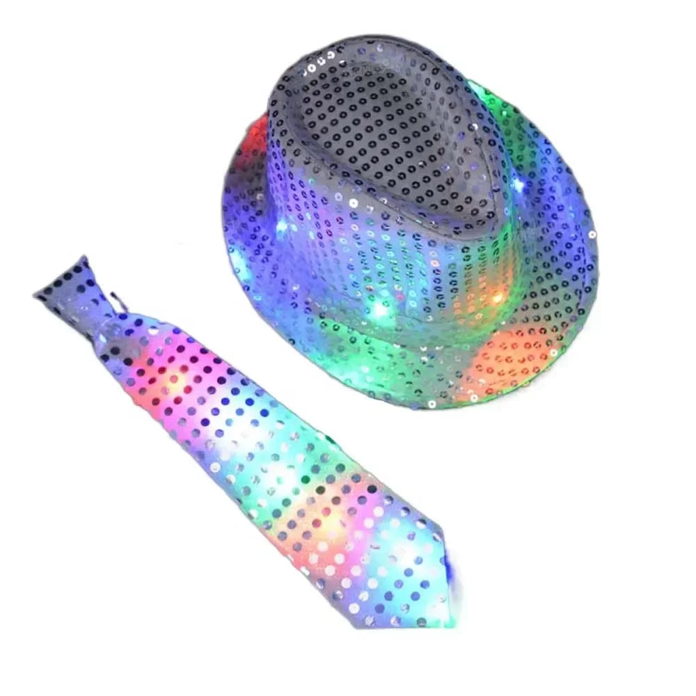Kids Adult LED Light Up Tie Sequin Jazz Fedora Hat Flashing Neon Glow Party Gift Costume Cap Birthday  Favors Wedding Festival