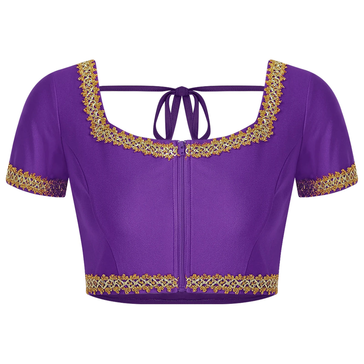 Women Oriental Indian Belly Dance Performance Costume Short Sleeve Front Zipper Crop Top Lace-up Back Bow Tie Gold Trim Tops