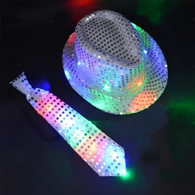 Kids Adult LED Light Up Tie Sequin Jazz Fedora Hat Flashing Neon Glow Party Gift Costume Cap Birthday  Favors Wedding Festival