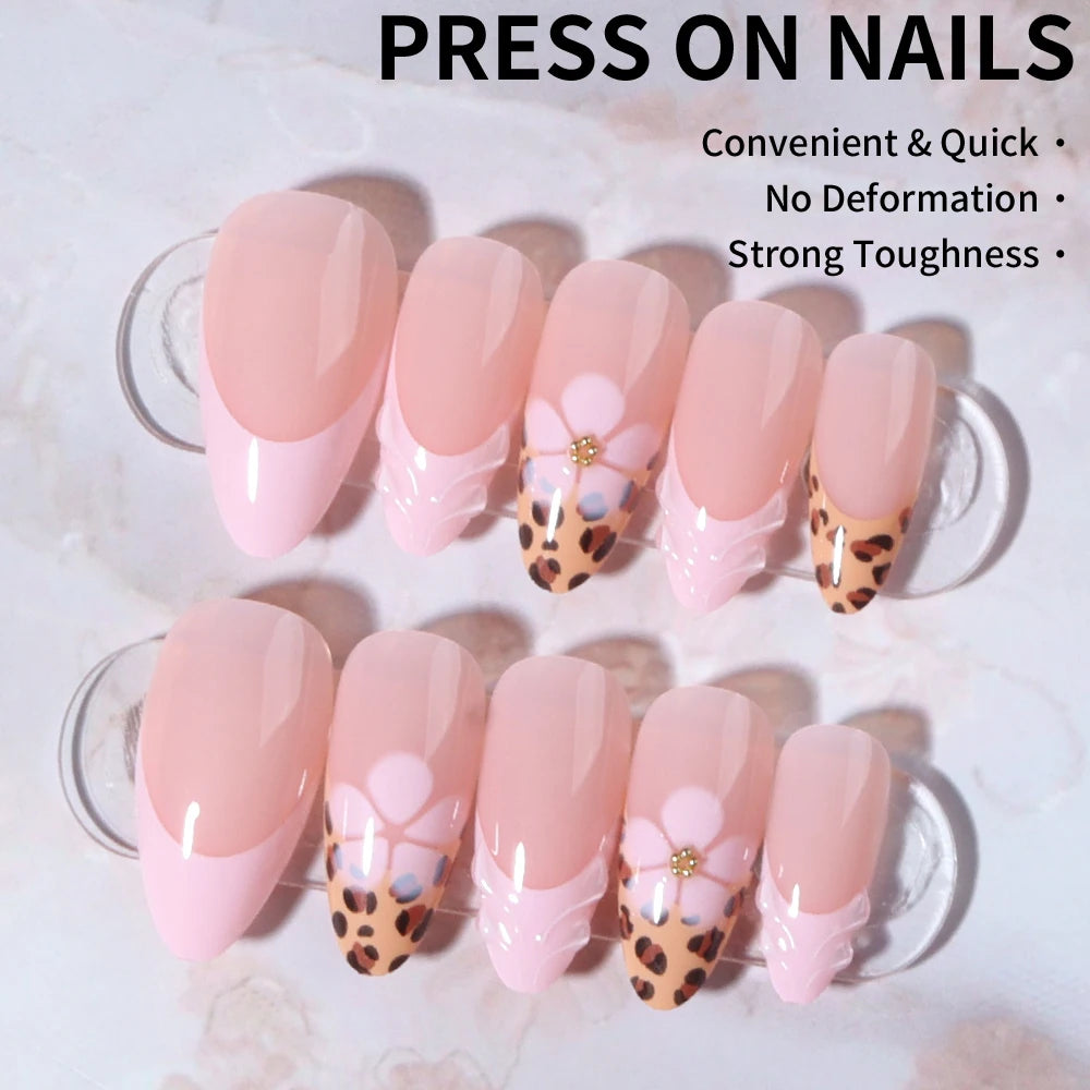 24 pieces of almond-shaped pressing nails, 3D gel flower leopard print French manicure, Y2K style