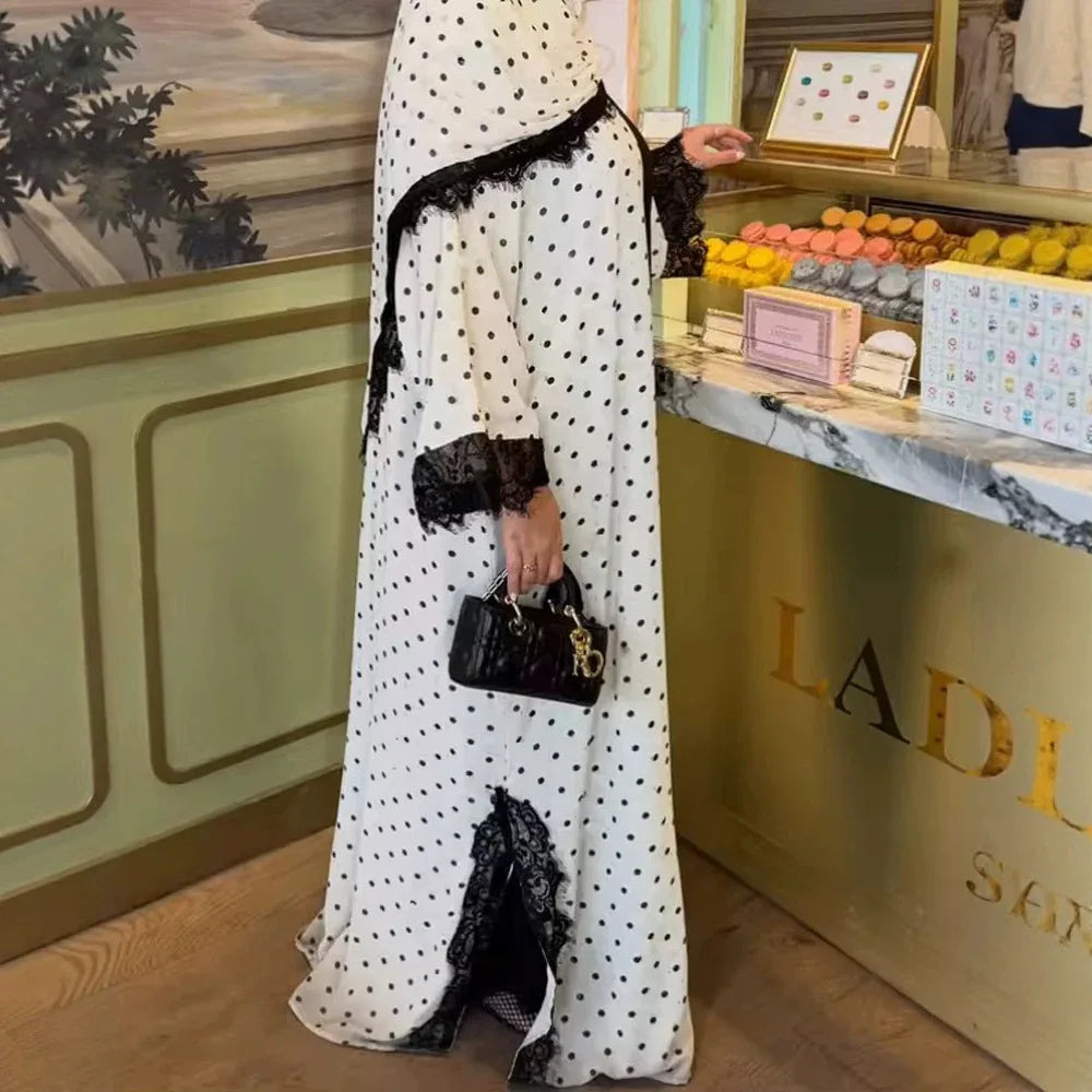 Eid Abaya Women Dresses Dot Print Cardigan Robe Jalabiya Lace Patchwork Ramadan Morocco Dubai Muslim Kaftan Islam Vestidos