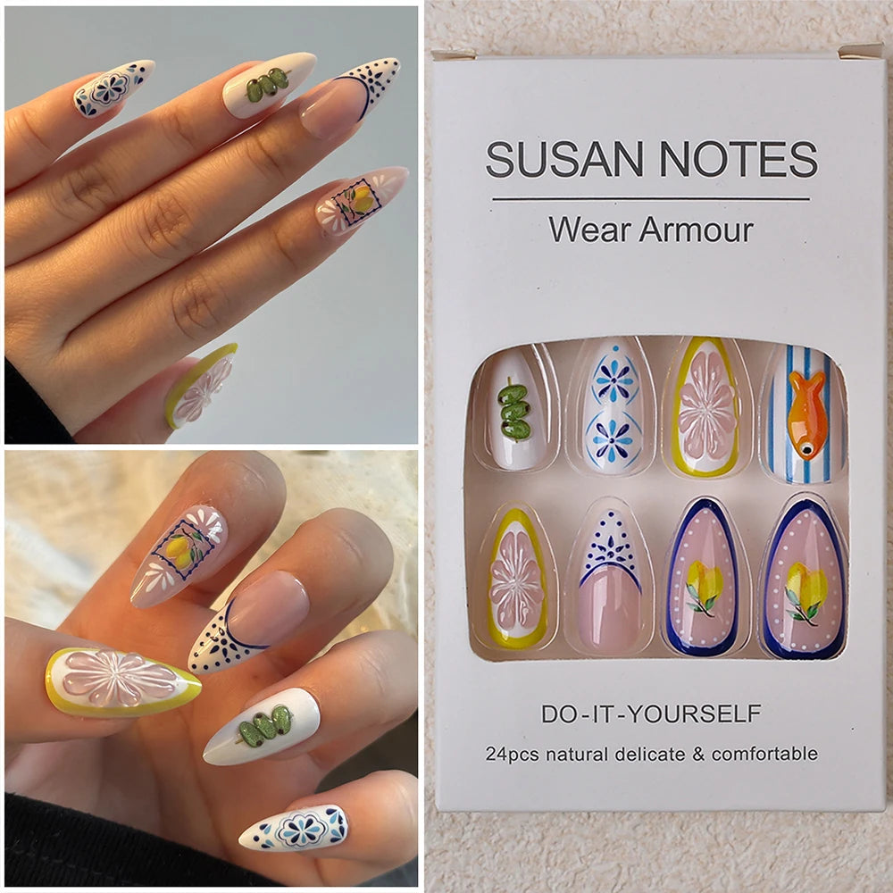24Pcs Cute Lemon Press on Nails Summer Medium Fake Nails French Almond Manicure Tips False Nails for Women Nail Decoration