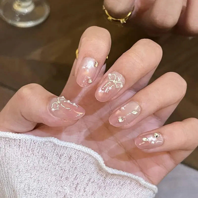 10Pcs Handmade Press on Nails with Butterfly and Rhinestone Accents Cat-Eye Design Nude and Pink Gradient Fair-Looking Manicure