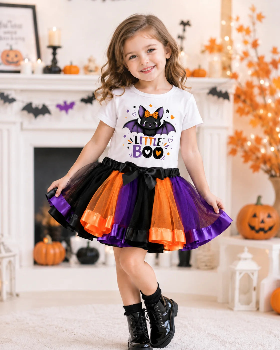 Toddler Girls Halloween Outfit Little Boo Bat Print Short Sleeve T-shirt Color Block Tutu Skirt Set Kids Cosplay Party Costume