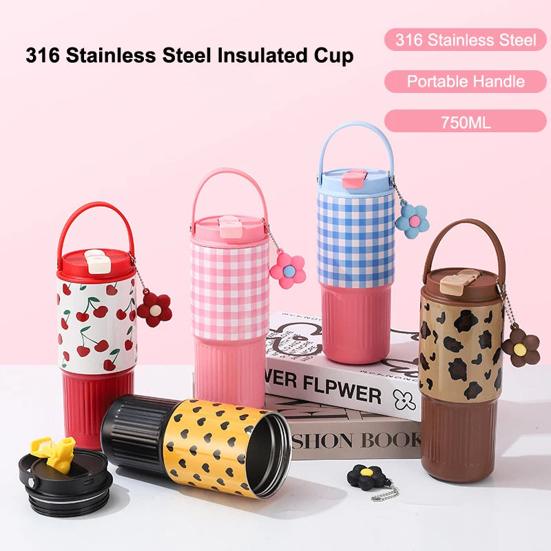 Cute Tumbler 750ML Water Bottle 316 Stainless Steel Vacuum Thermos Bottle Insulated Portable Thermos Cup Gift Outdoor Tableware