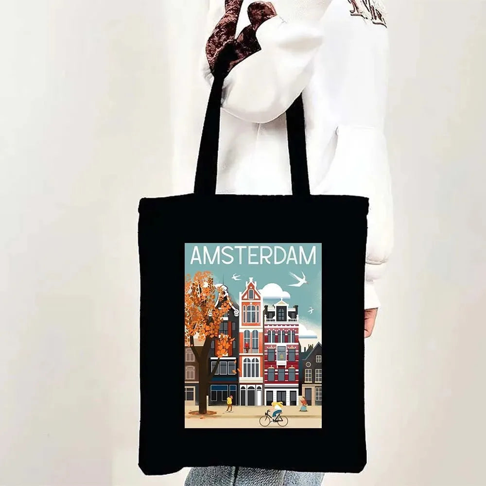Paris Cityscape Women Shoulder Bag Tokyo Sydney Architectural Logo Eco Tote Large Capacity Portable Canvas Casual Shopping Bags