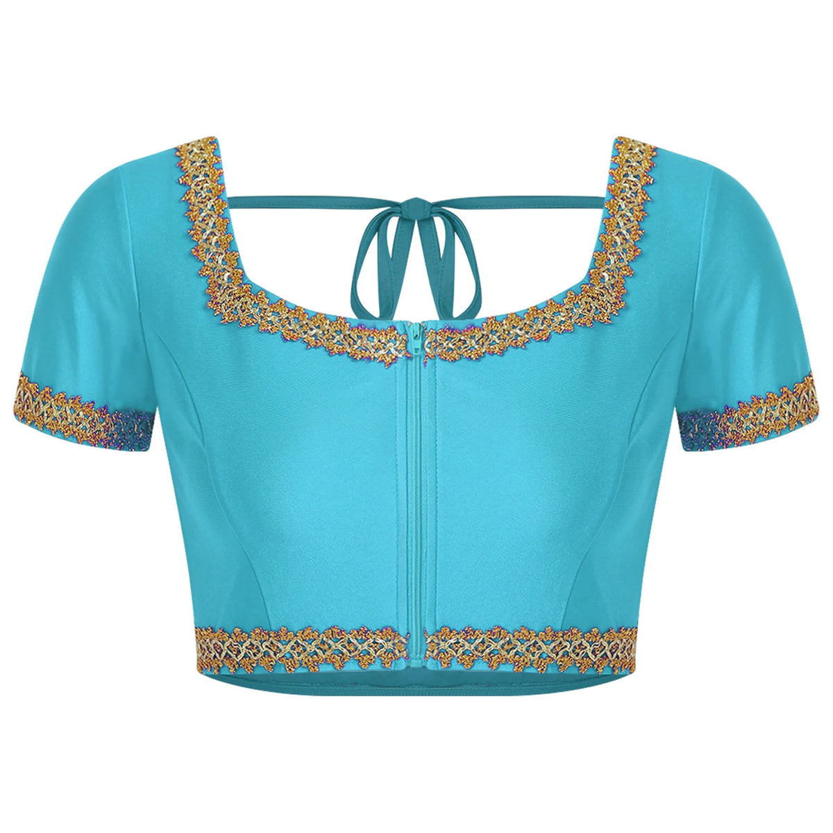 Women Oriental Indian Belly Dance Performance Costume Short Sleeve Front Zipper Crop Top Lace-up Back Bow Tie Gold Trim Tops