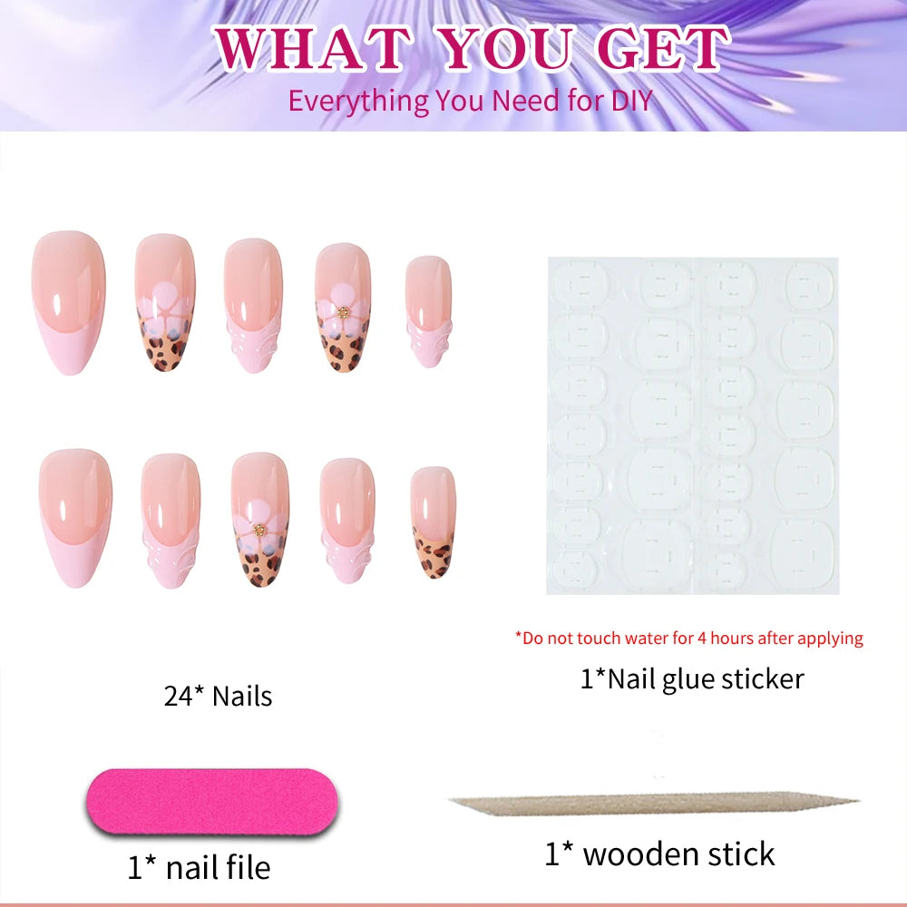 24 pieces of almond-shaped pressing nails, 3D gel flower leopard print French manicure, Y2K style