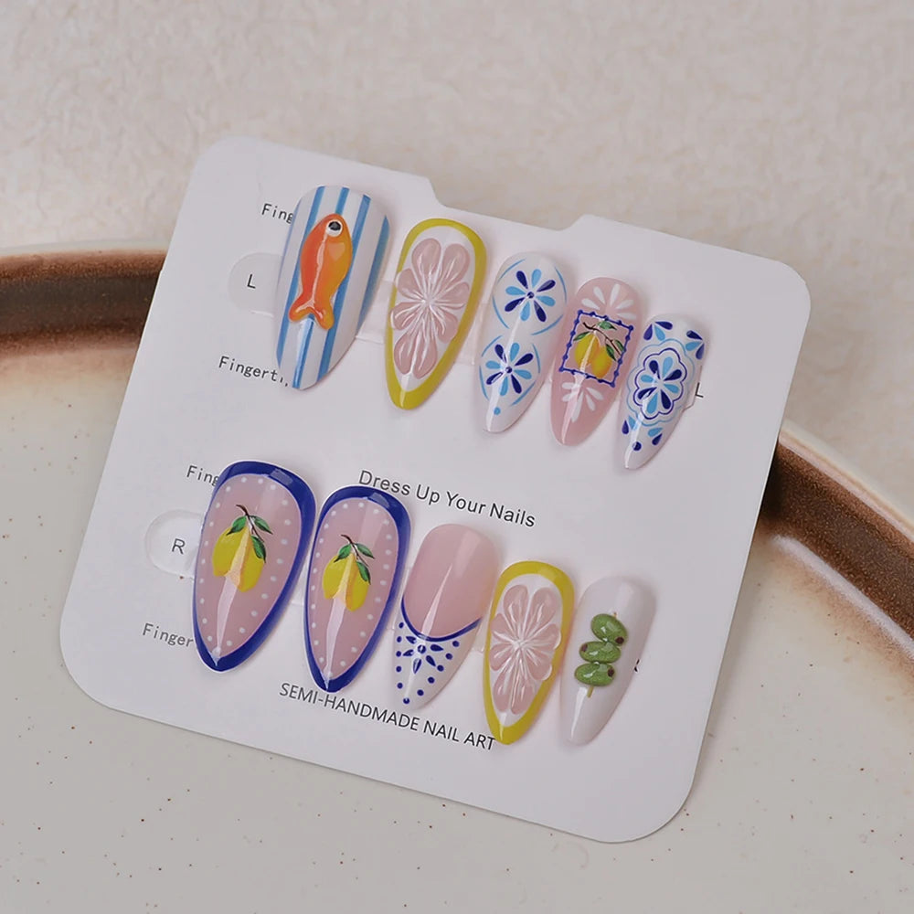 24Pcs Cute Lemon Press on Nails Summer Medium Fake Nails French Almond Manicure Tips False Nails for Women Nail Decoration