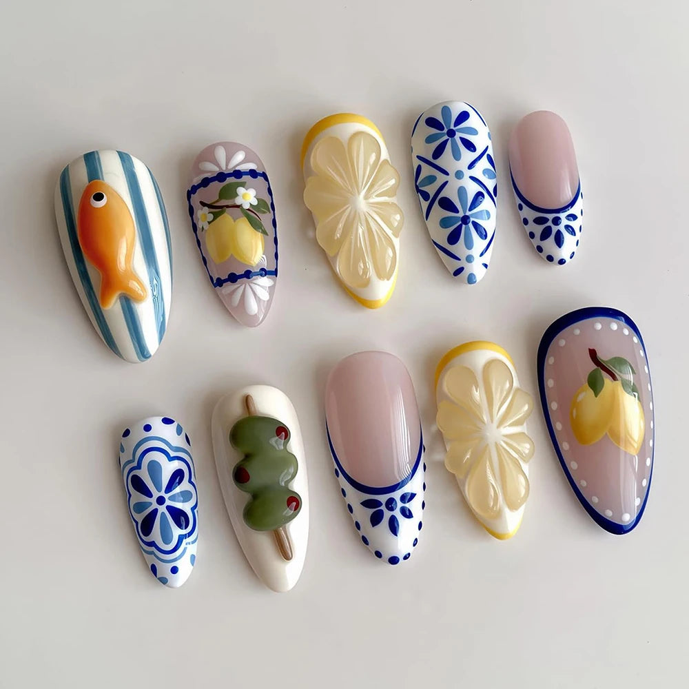 24Pcs Cute Lemon Press on Nails Summer Medium Fake Nails French Almond Manicure Tips False Nails for Women Nail Decoration