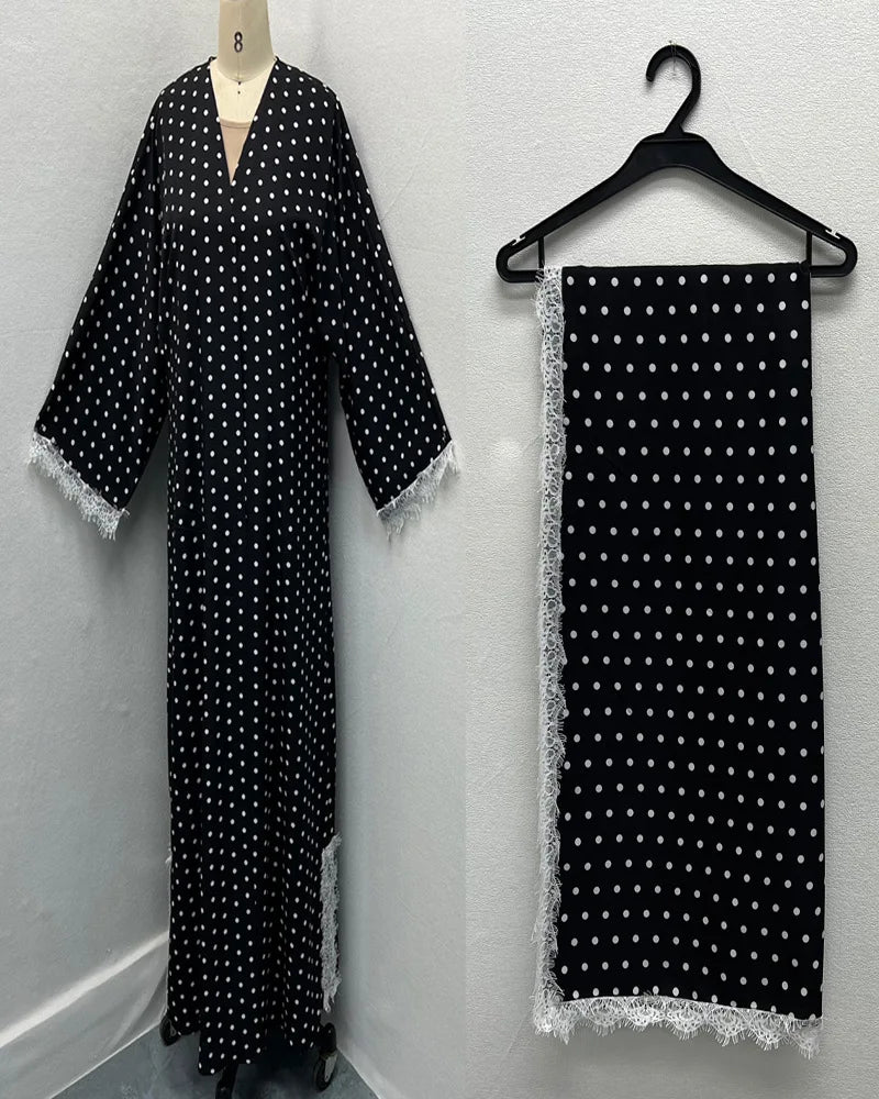 Eid Abaya Women Dresses Dot Print Cardigan Robe Jalabiya Lace Patchwork Ramadan Morocco Dubai Muslim Kaftan Islam Vestidos