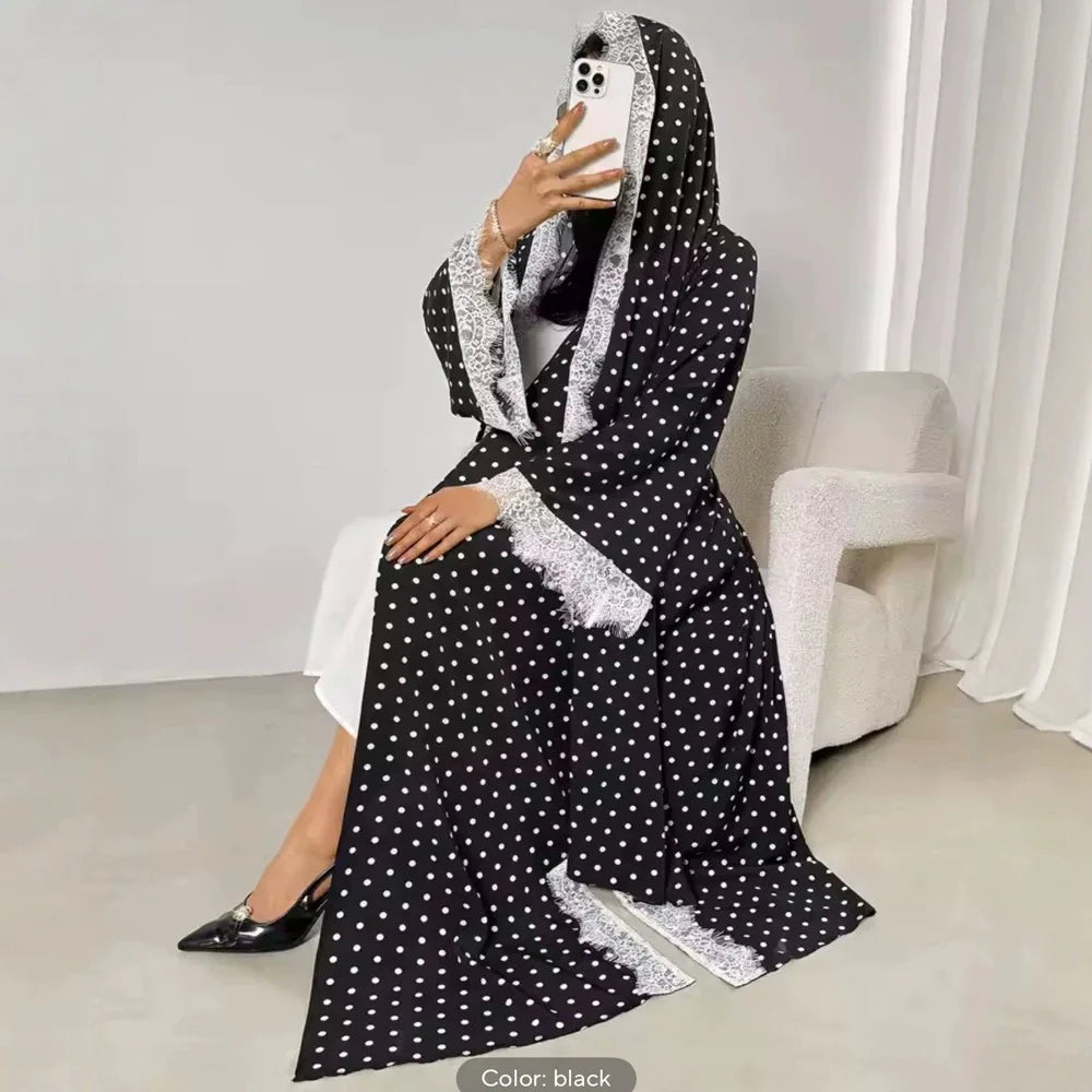 Eid Abaya Women Dresses Dot Print Cardigan Robe Jalabiya Lace Patchwork Ramadan Morocco Dubai Muslim Kaftan Islam Vestidos