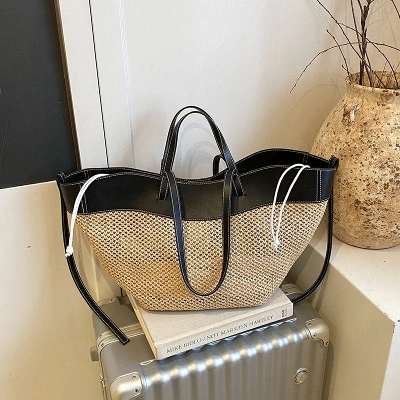 Handmade Straw Woven Tote Bag Summer Beach Large Capacity Shoulder Crossbody Purse Vacation Rattan Handbag French Elegance Bag
