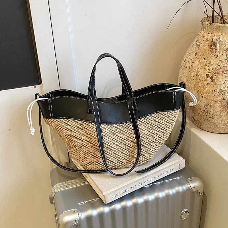 Handmade Straw Woven Tote Bag Summer Beach Large Capacity Shoulder Crossbody Purse Vacation Rattan Handbag French Elegance Bag