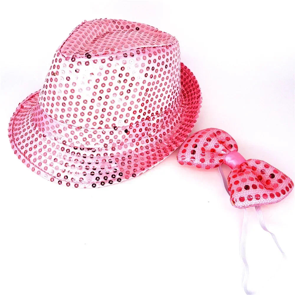 Kids Adult LED Light Up Tie Sequin Jazz Fedora Hat Flashing Neon Glow Party Gift Costume Cap Birthday  Favors Wedding Festival