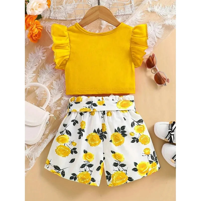 Kids Clothing Set Summer Casual Ruffle Edge Sleeveless Bow Solid Color Top with Printed Pattern Shorts And Belt
