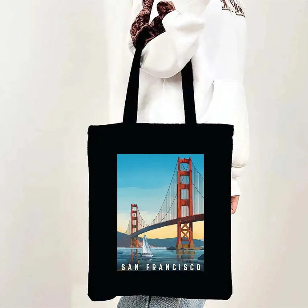 Paris Cityscape Women Shoulder Bag Tokyo Sydney Architectural Logo Eco Tote Large Capacity Portable Canvas Casual Shopping Bags