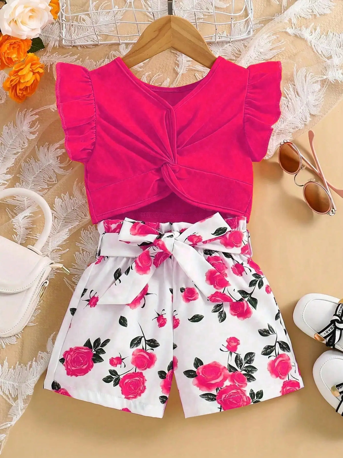 Kids Clothing Set Summer Casual Ruffle Edge Sleeveless Bow Solid Color Top with Printed Pattern Shorts And Belt