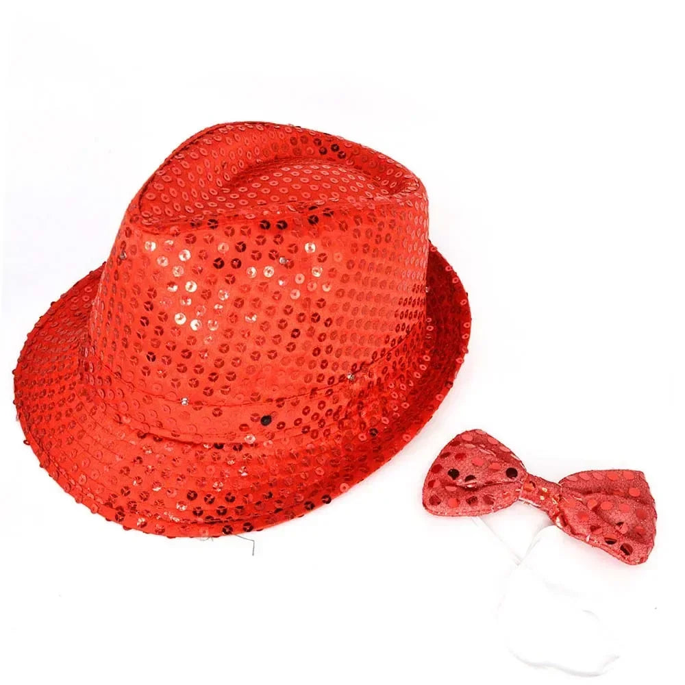Kids Adult LED Light Up Tie Sequin Jazz Fedora Hat Flashing Neon Glow Party Gift Costume Cap Birthday  Favors Wedding Festival