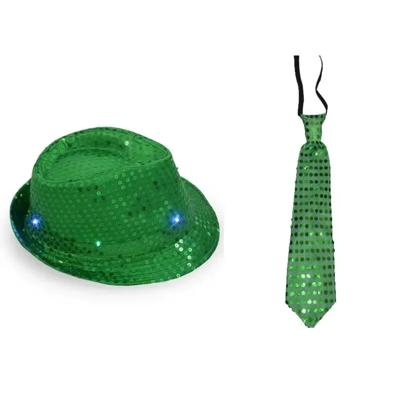 Kids Adult LED Light Up Tie Sequin Jazz Fedora Hat Flashing Neon Glow Party Gift Costume Cap Birthday  Favors Wedding Festival