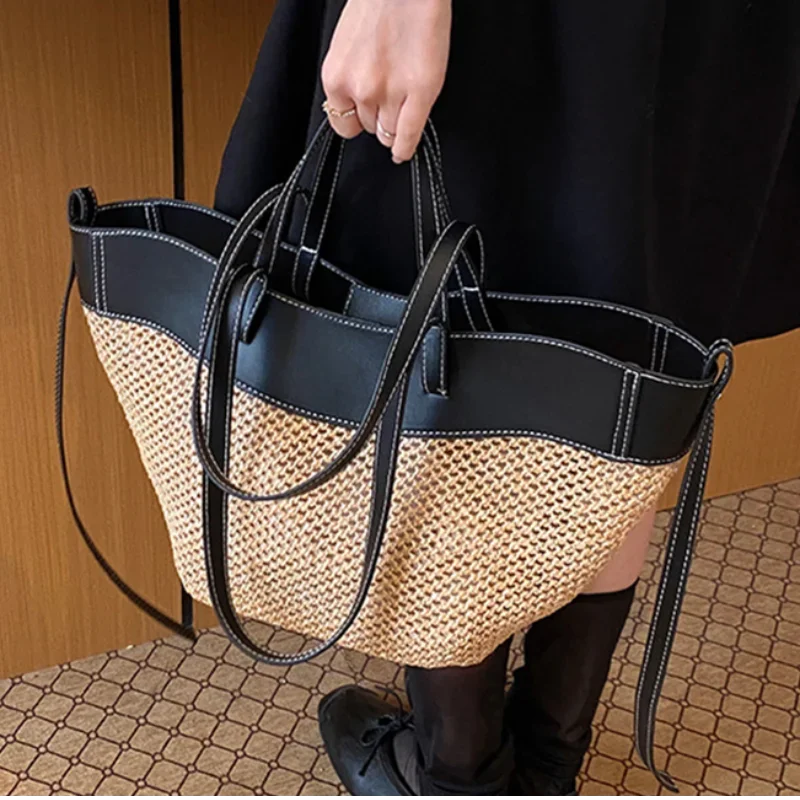 Handmade Straw Woven Tote Bag Summer Beach Large Capacity Shoulder Crossbody Purse Vacation Rattan Handbag French Elegance Bag