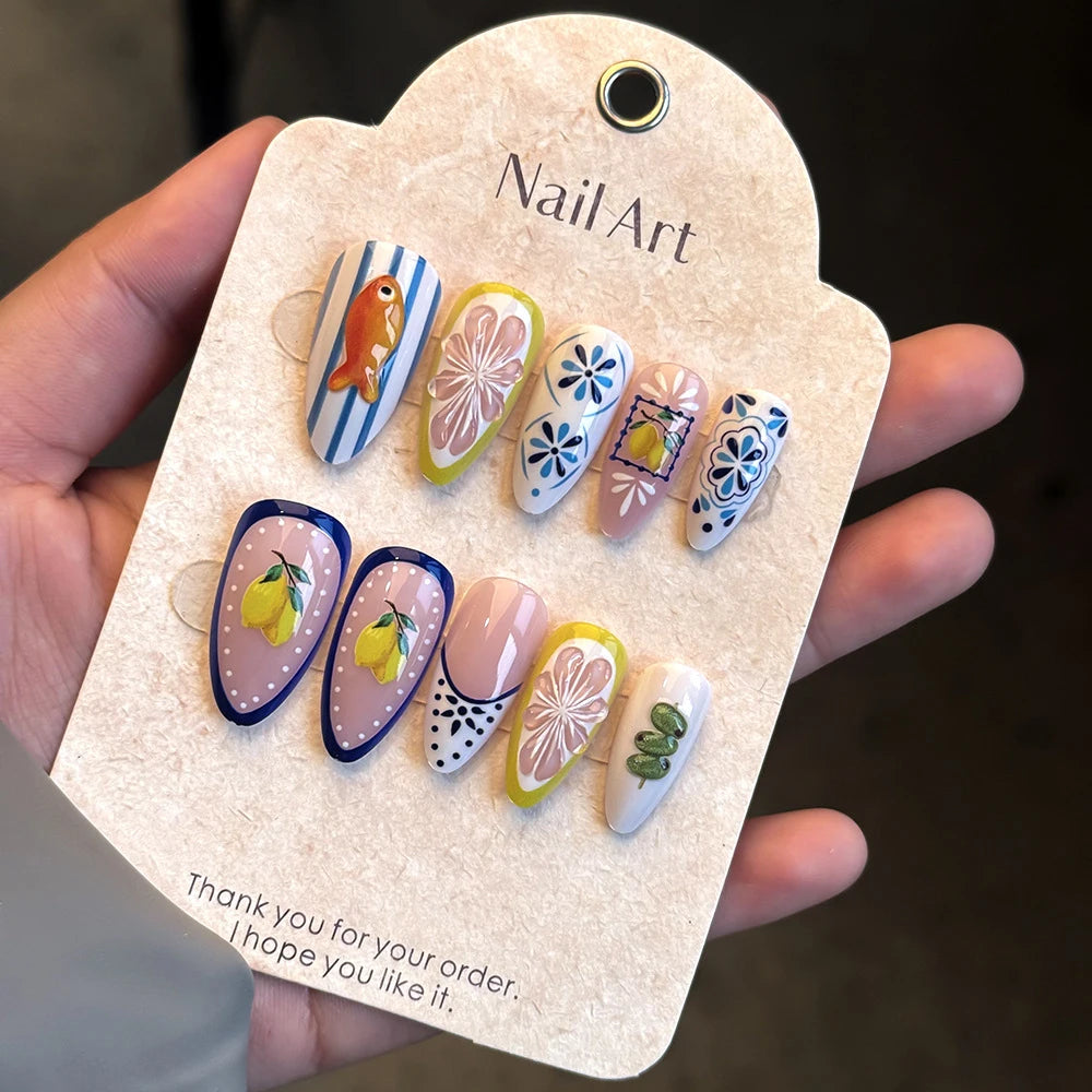 24Pcs Cute Lemon Press on Nails Summer Medium Fake Nails French Almond Manicure Tips False Nails for Women Nail Decoration