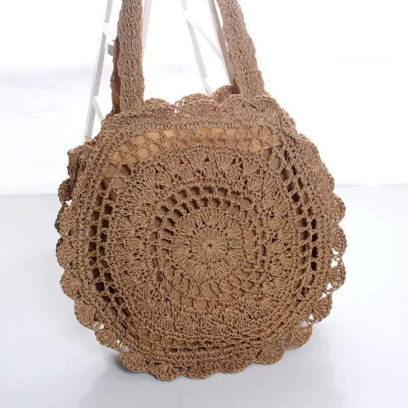 Round Straw Woven Tote Bag Handmade Hollow Design Big Capacity For Summer Beaches