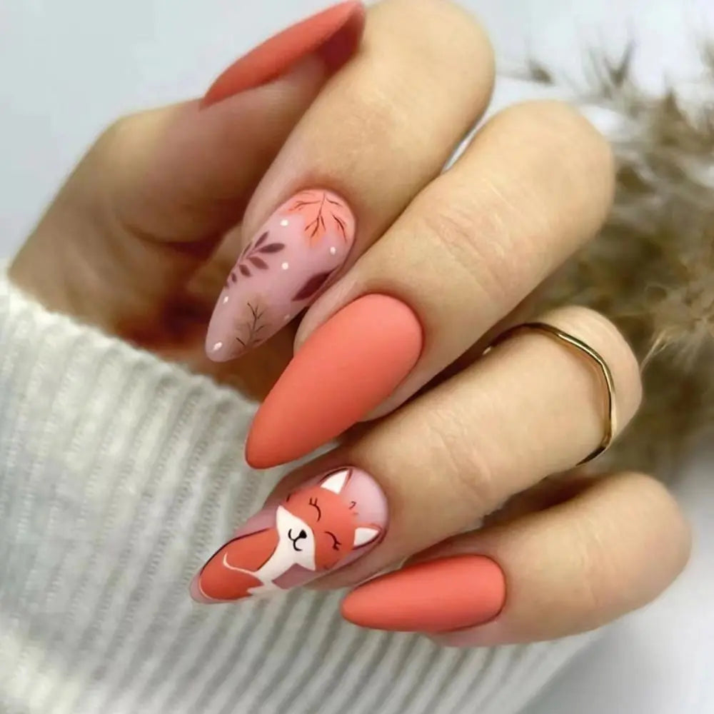Manicure Long Almond False Nails Vintage Brown Maple Squirrels Press on Nails Gold Lines French Nail Tips DIY